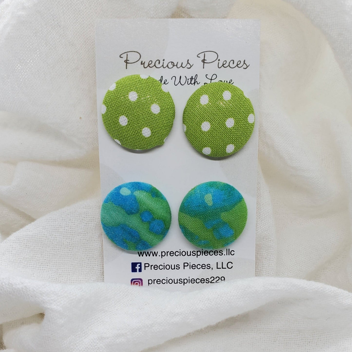 Green and White Polka-dot and Tie Dye Fabric Earrings