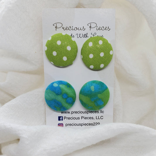 Green and White Polka-dot and Tie Dye Fabric Earrings