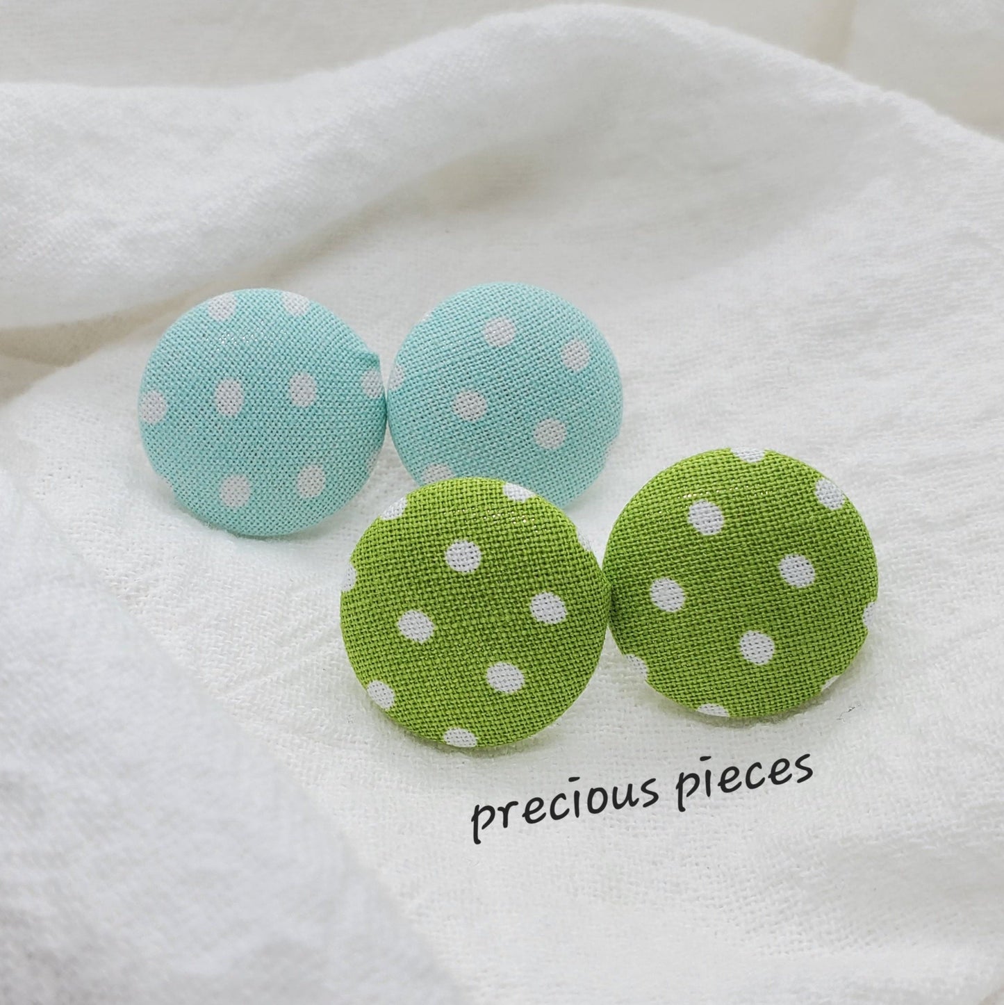 Medium Light Blue and Green and White Polka-dot Fabric Earrings