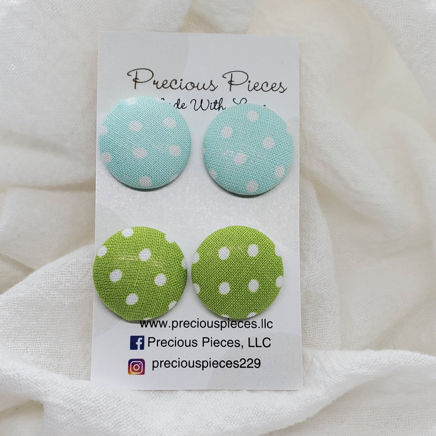 Medium Light Blue and Green and White Polka-dot Fabric Earrings