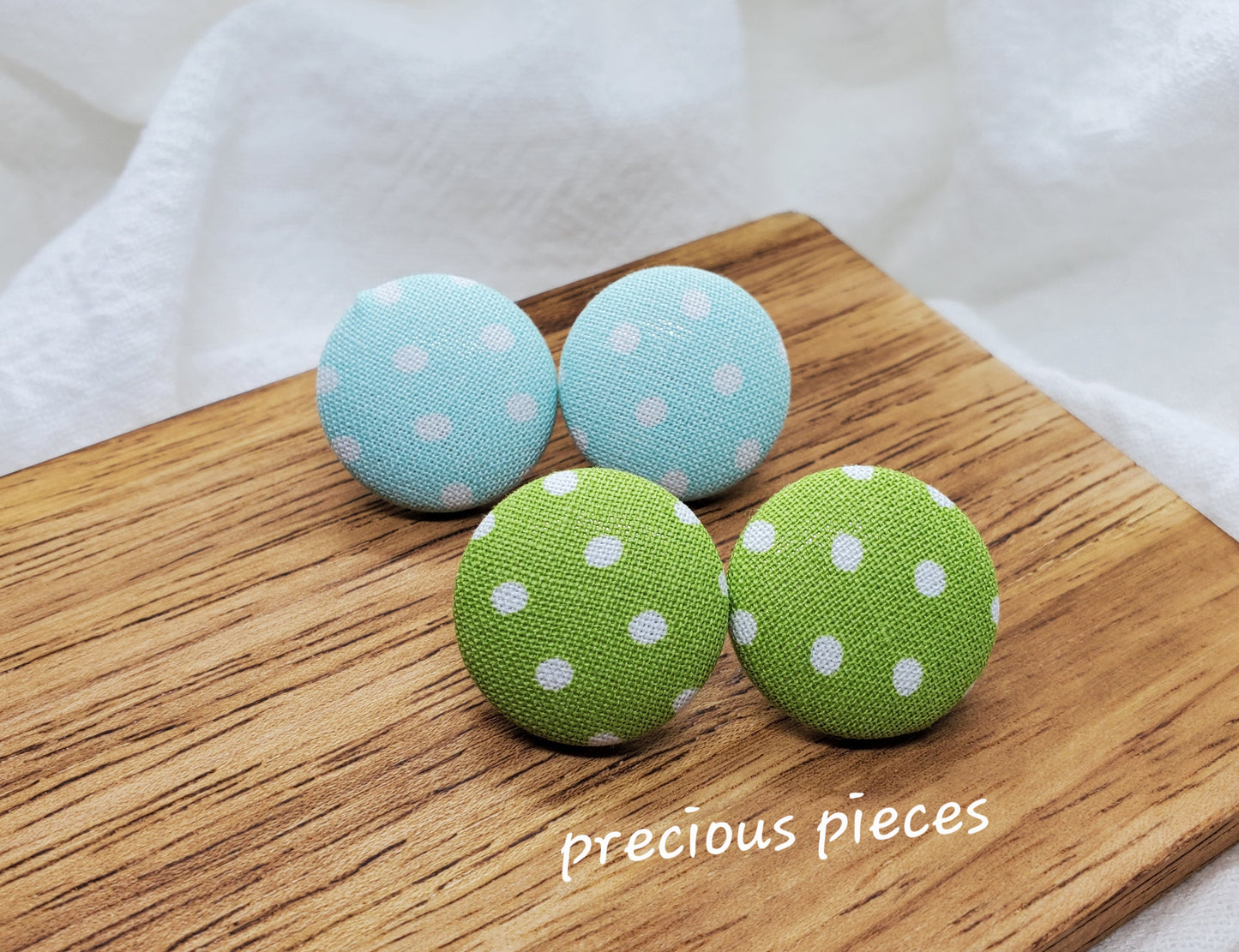 Medium Light Blue and Green and White Polka-dot Fabric Earrings