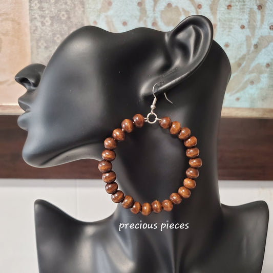 Brown Wood Beaded Hoop Earrings