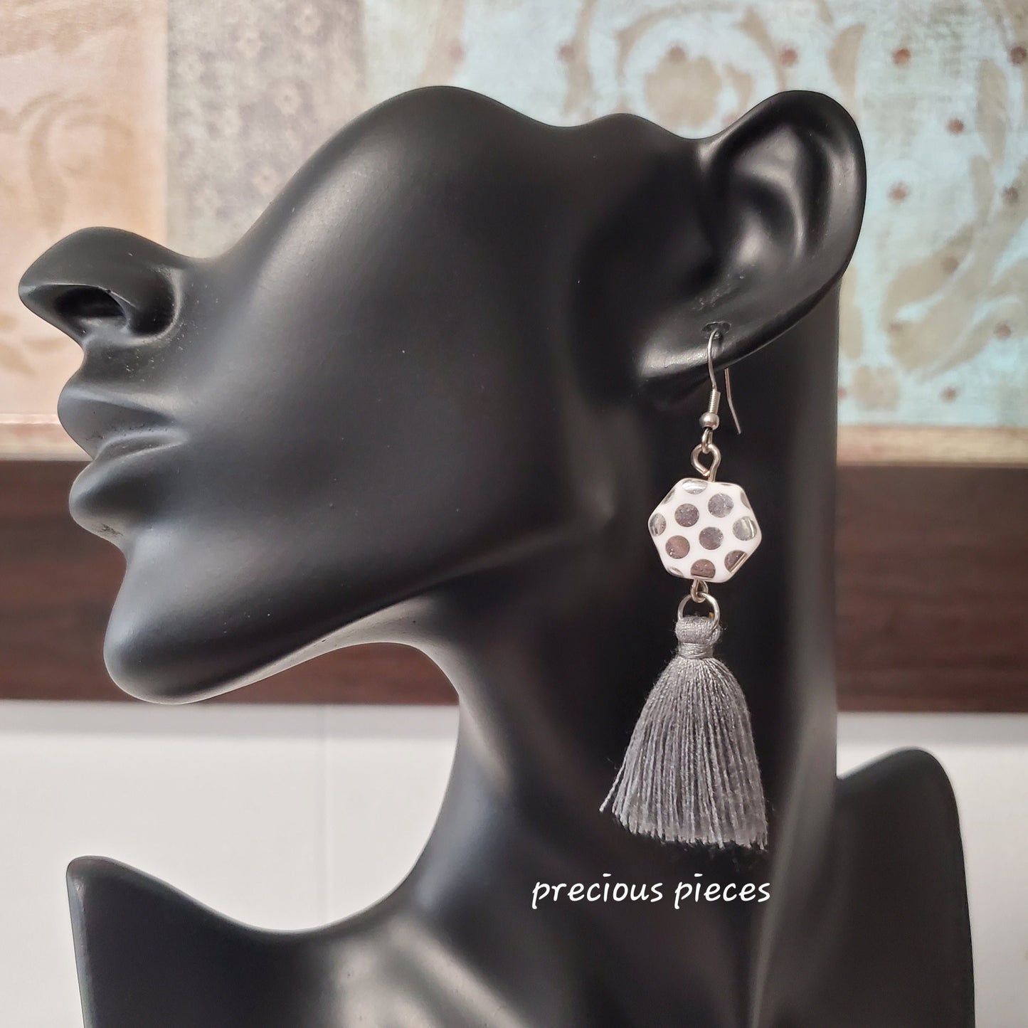 Czech Glass and Gray Tassel Earrings