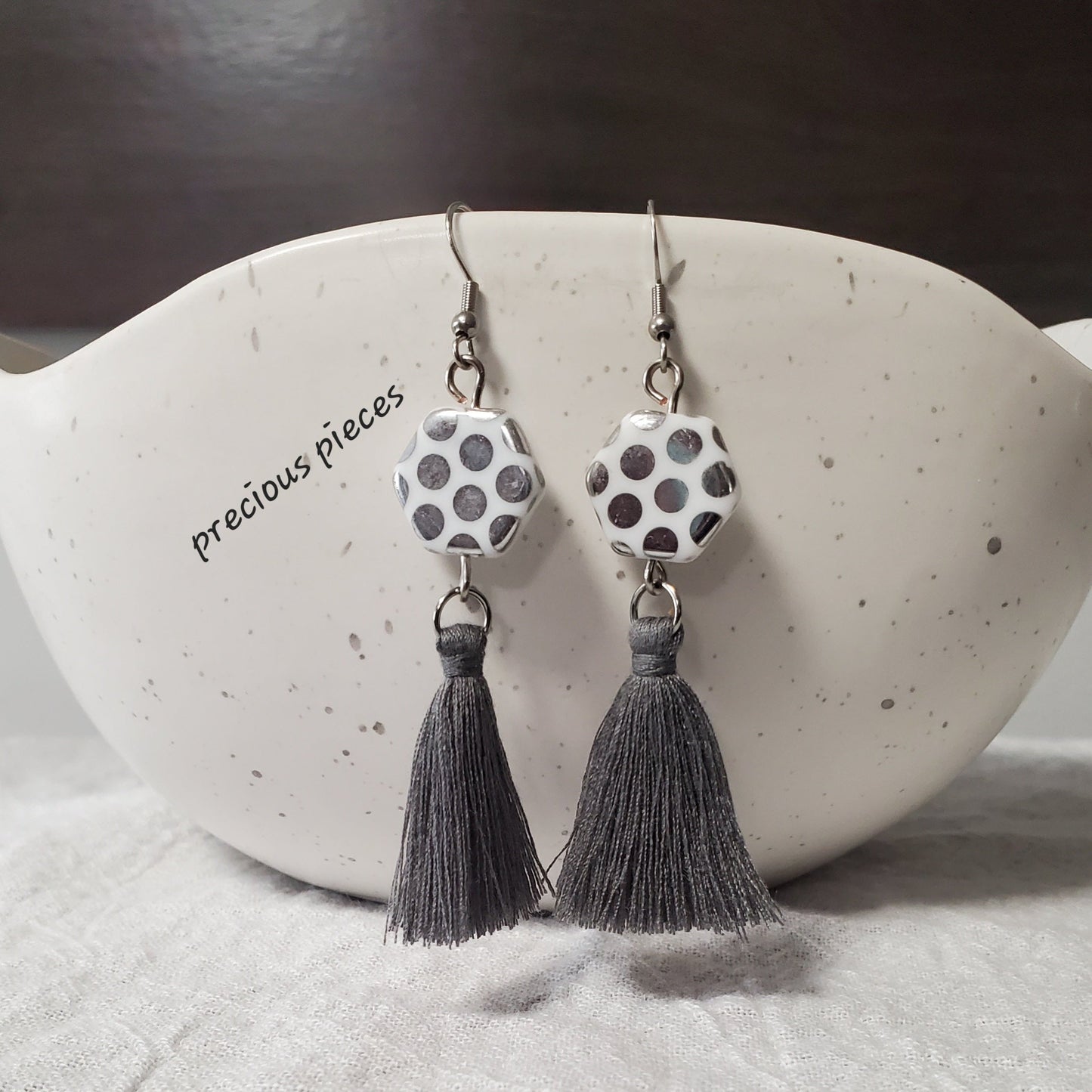 Czech Glass and Gray Tassel Earrings