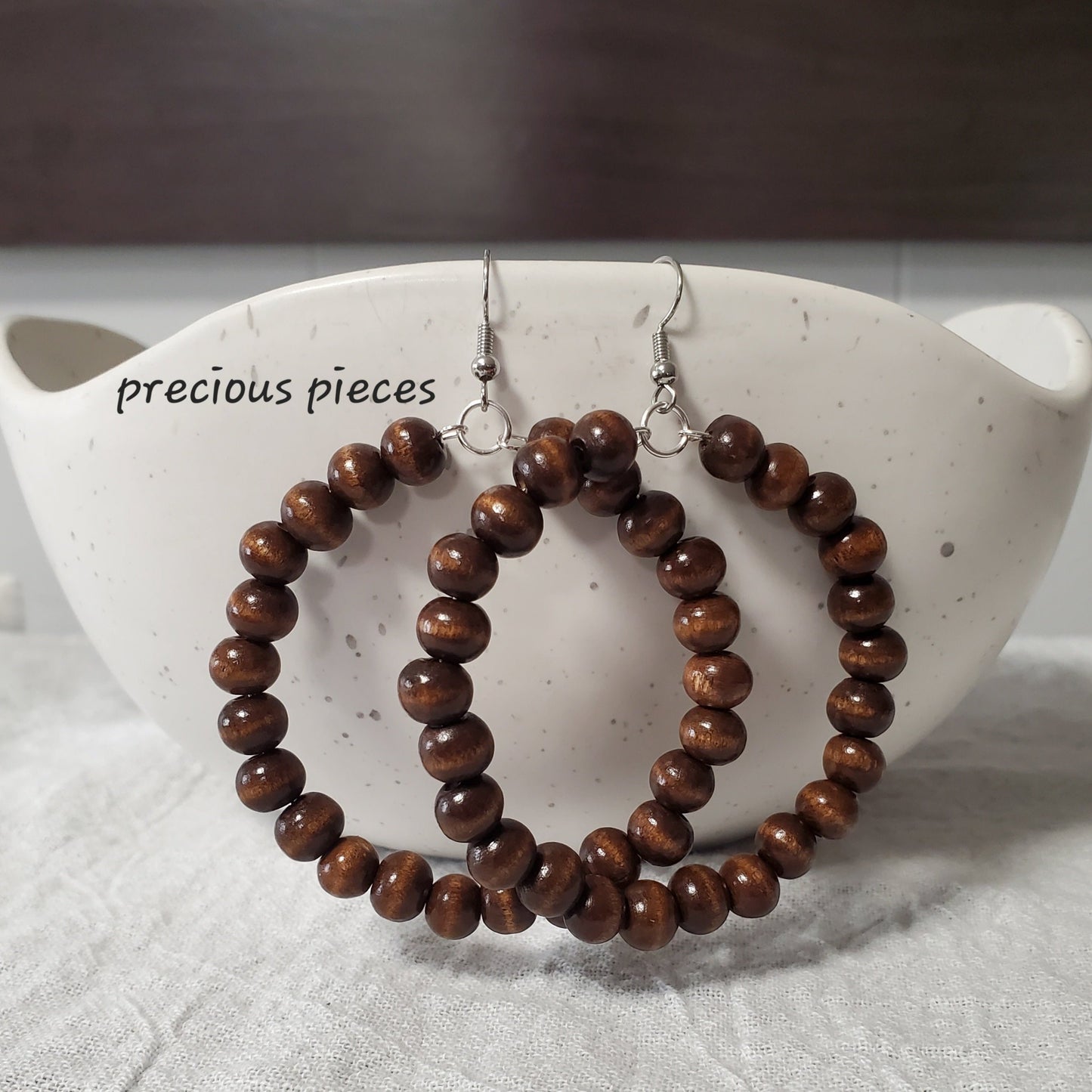 Brown Wood Beaded Hoop Earrings