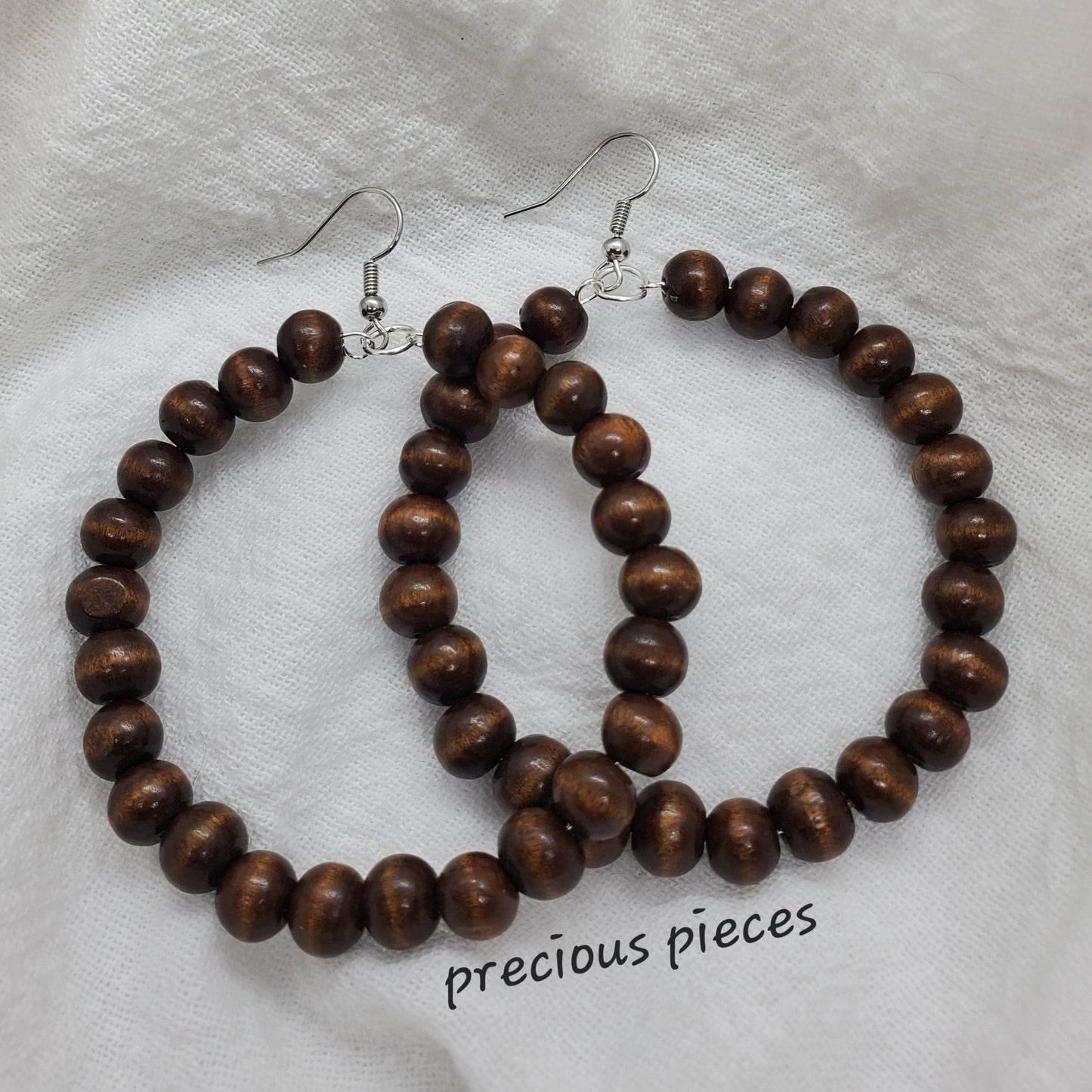 Brown Wood Beaded Hoop Earrings