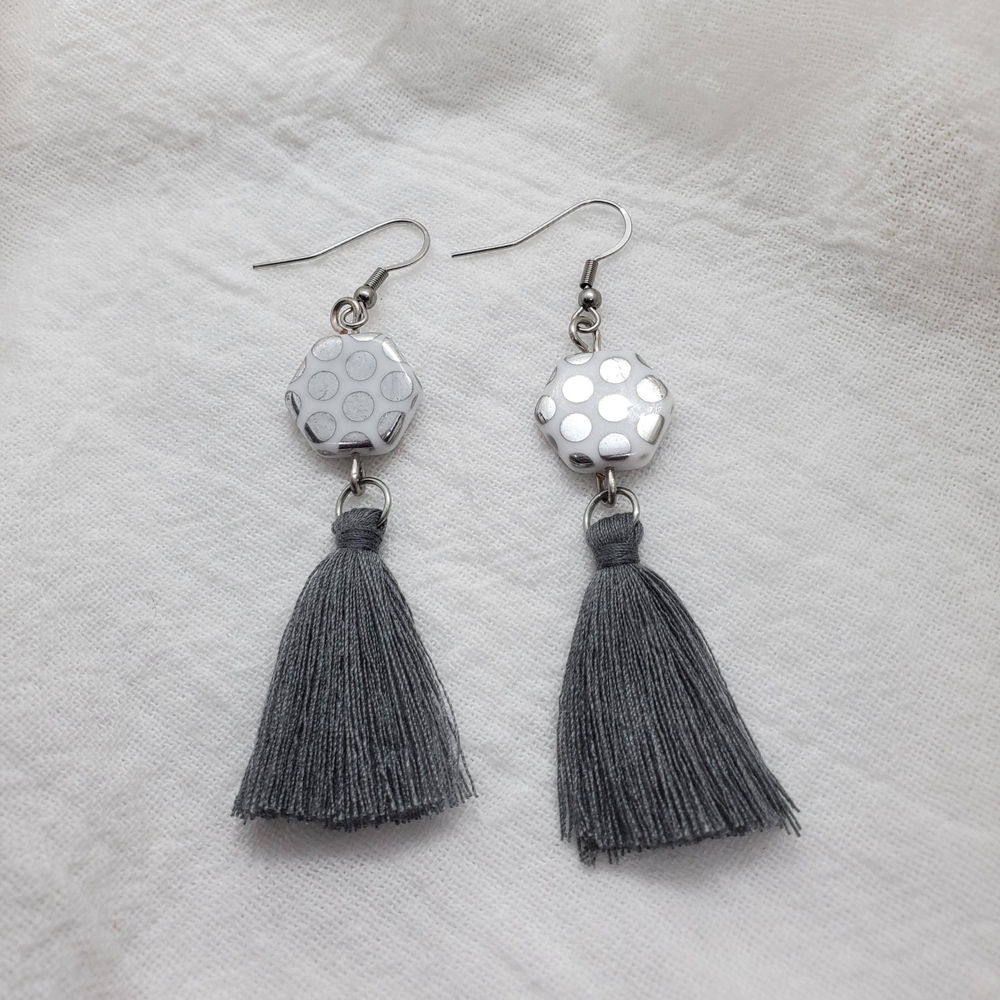 Czech Glass and Gray Tassel Earrings