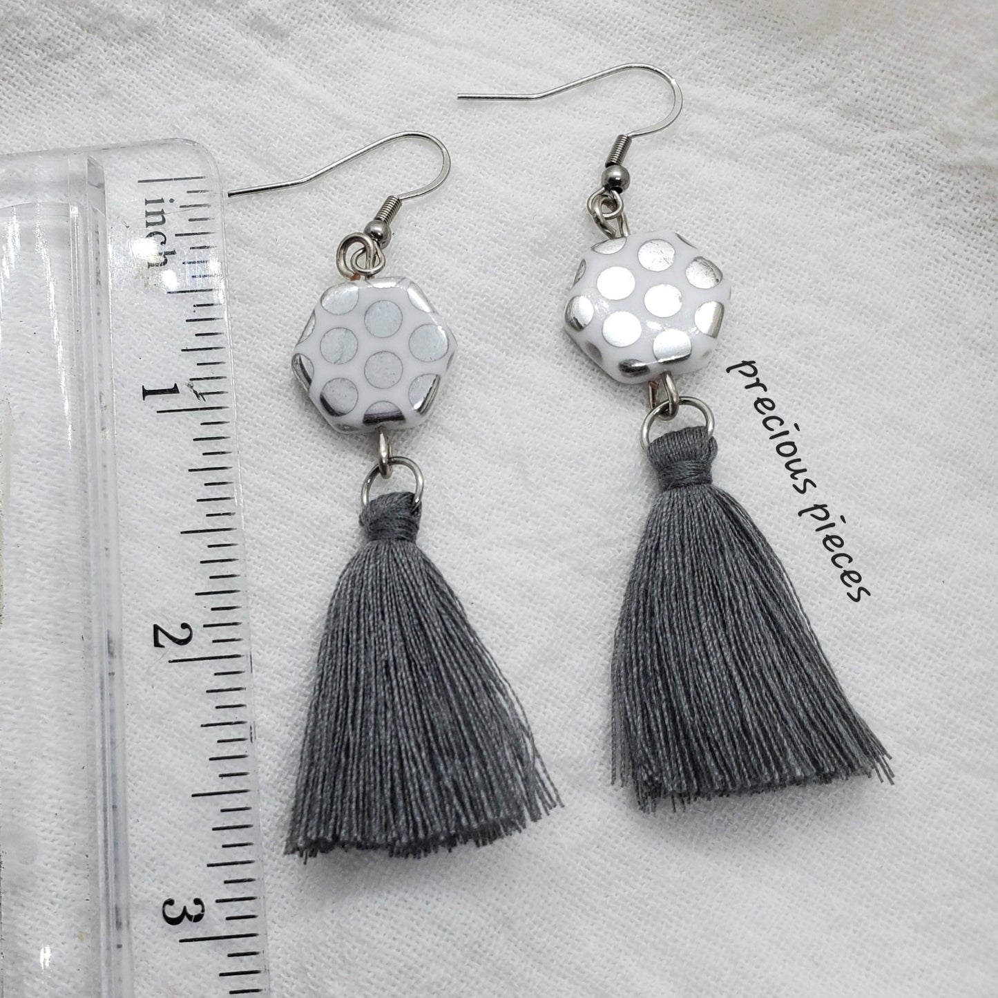 Czech Glass and Gray Tassel Earrings