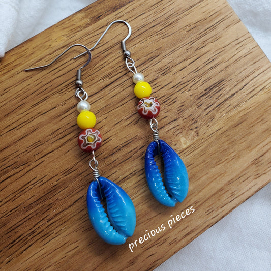 Blue Cowrie Shell Dangle Earrings