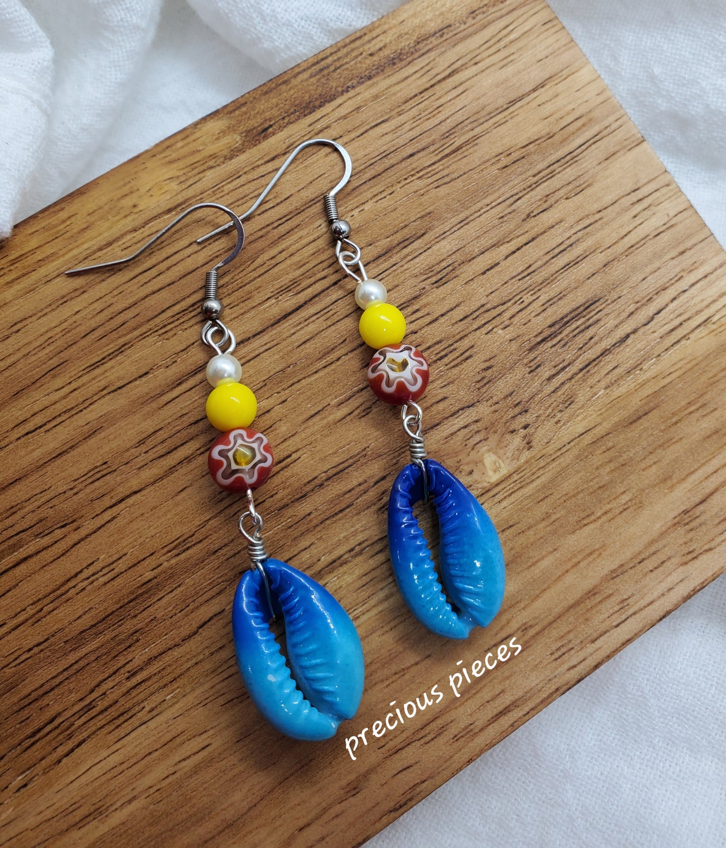 Blue Cowrie Shell Dangle Earrings