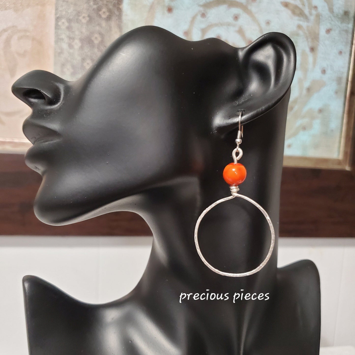 Hammered Hoop Earrings with Orange Beads