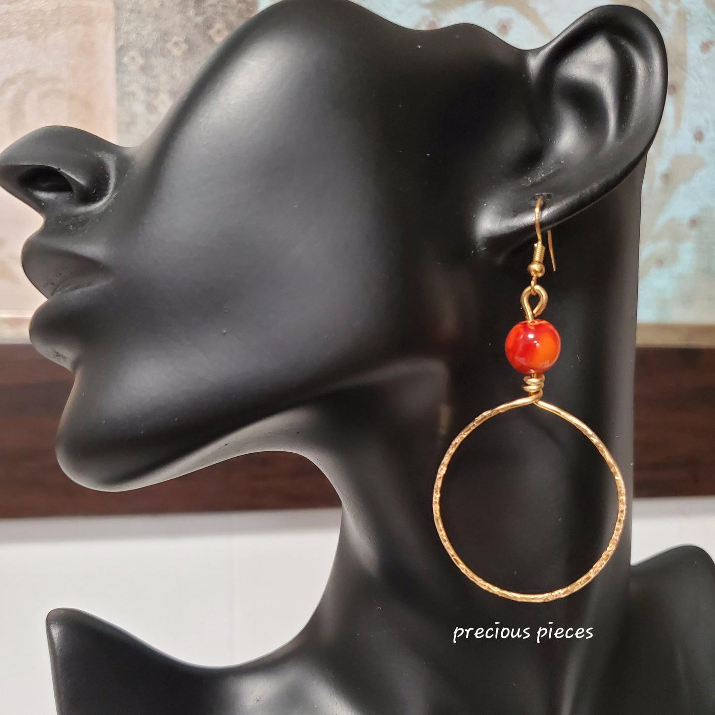 Hammered Hoop Earrings with Orange Beads