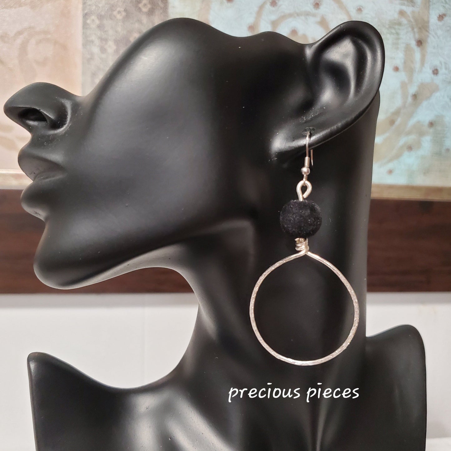 Hammered Hoop Earrings with Velvet Beads