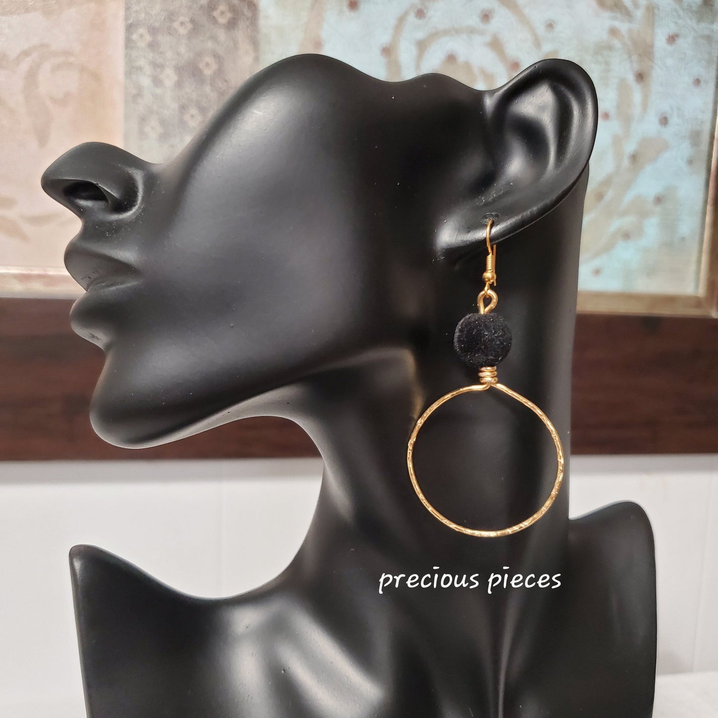 Hammered Hoop Earrings with Velvet Beads