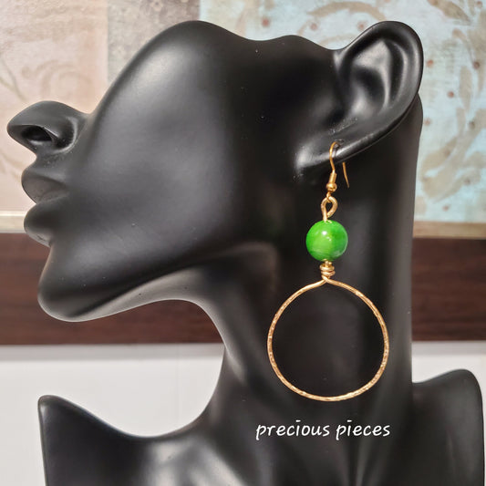 Hammered Hoop Earrings with Green Beads