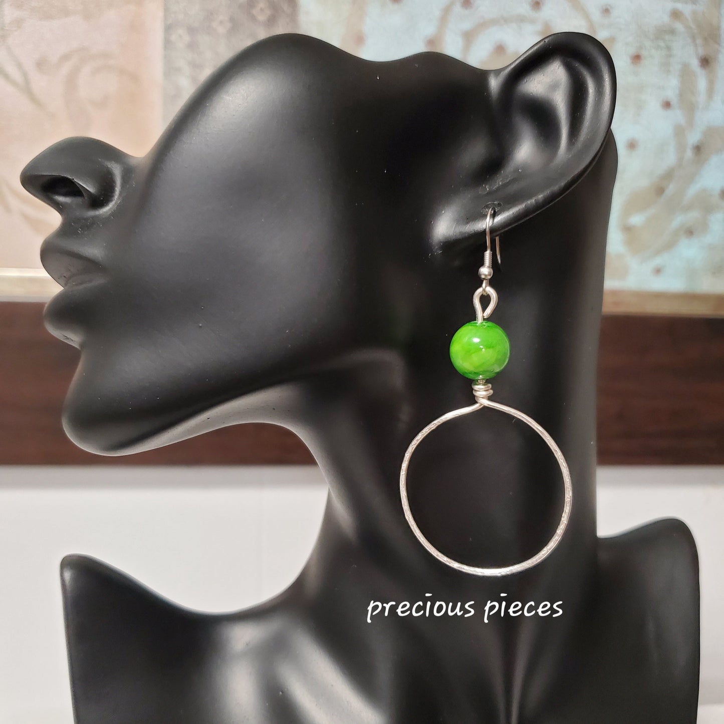 Hammered Hoop Earrings with Green Beads