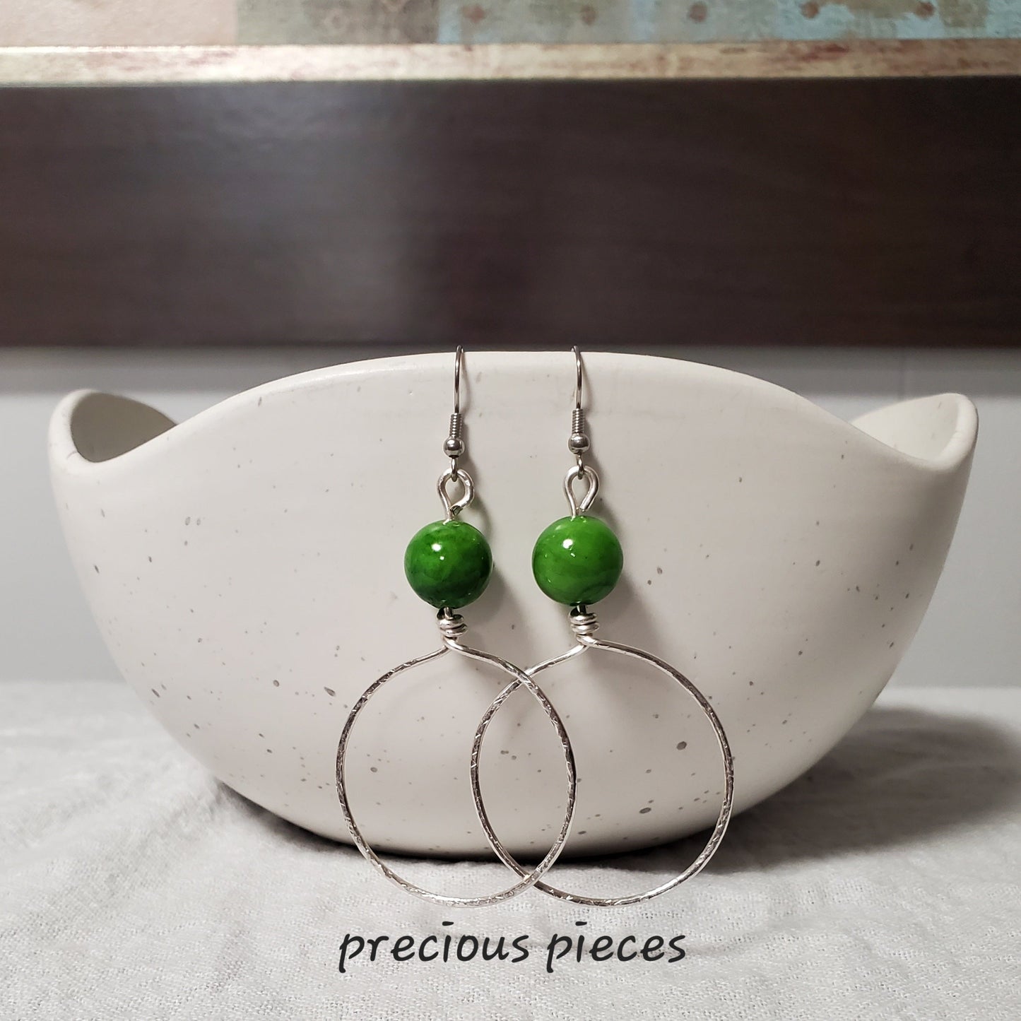 Hammered Hoop Earrings with Green Beads