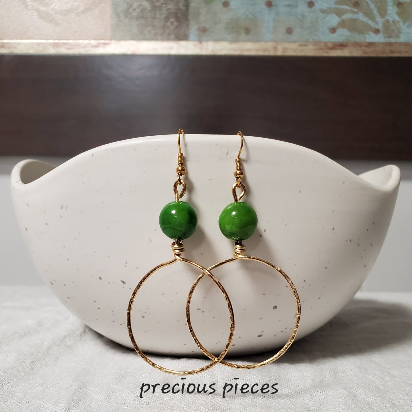 Hammered Hoop Earrings with Green Beads