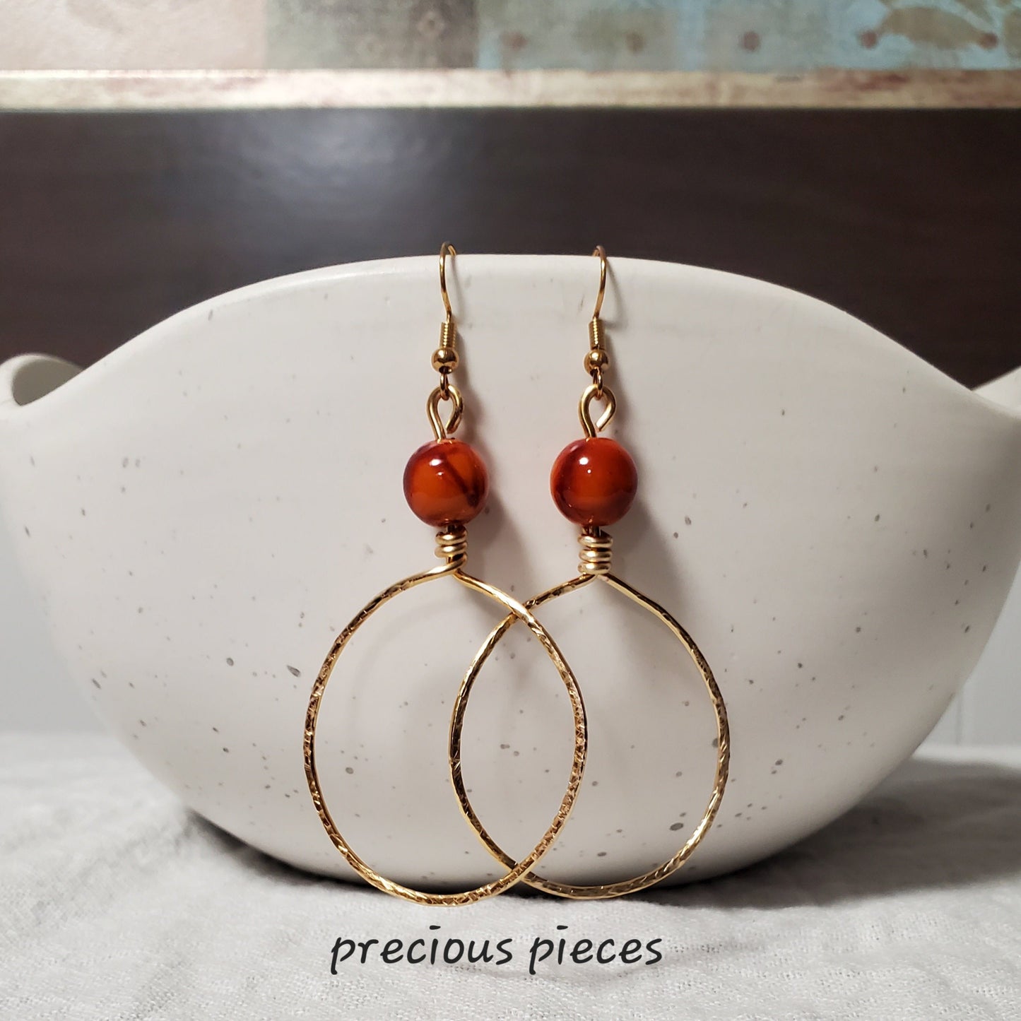 Hammered Hoop Earrings with Orange Beads