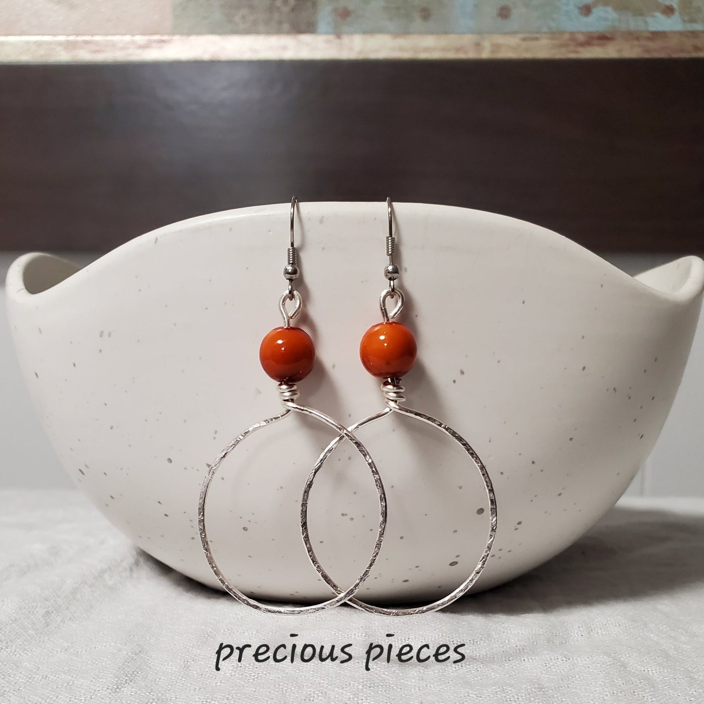 Hammered Hoop Earrings with Orange Beads