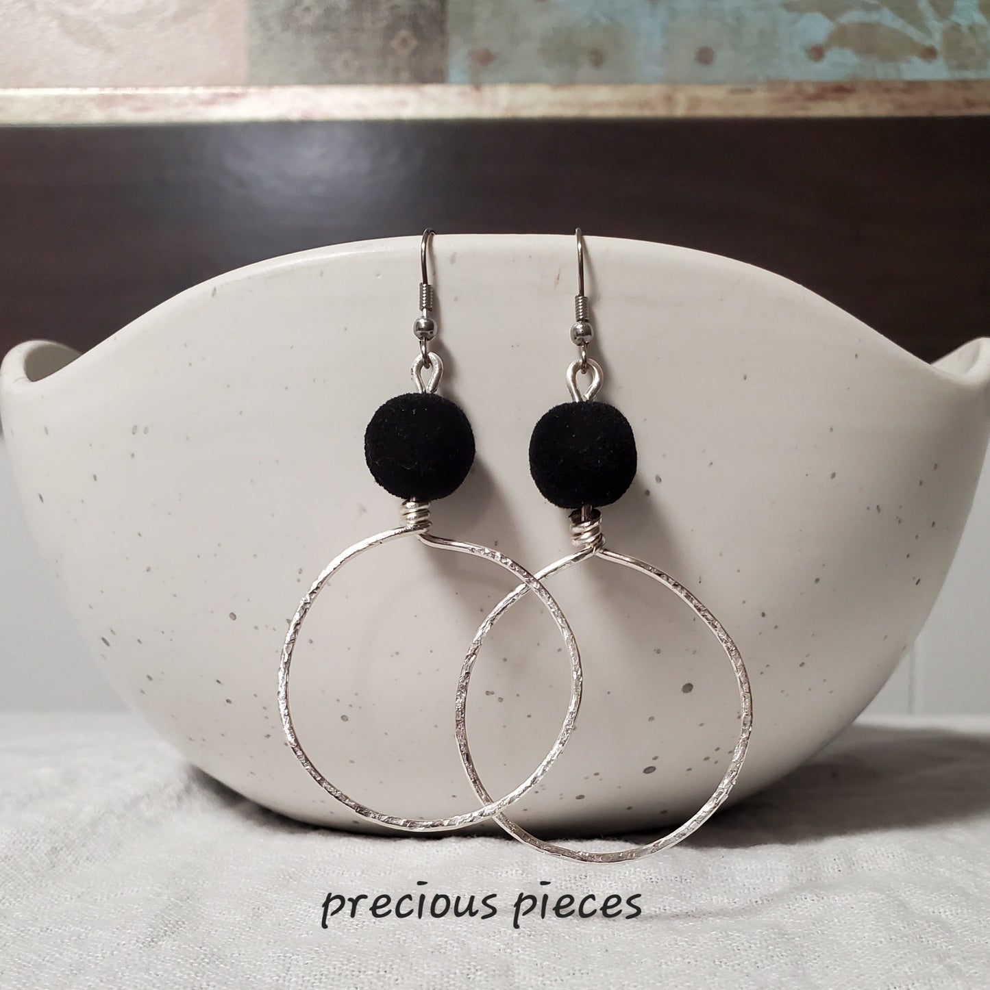 Hammered Hoop Earrings with Velvet Beads