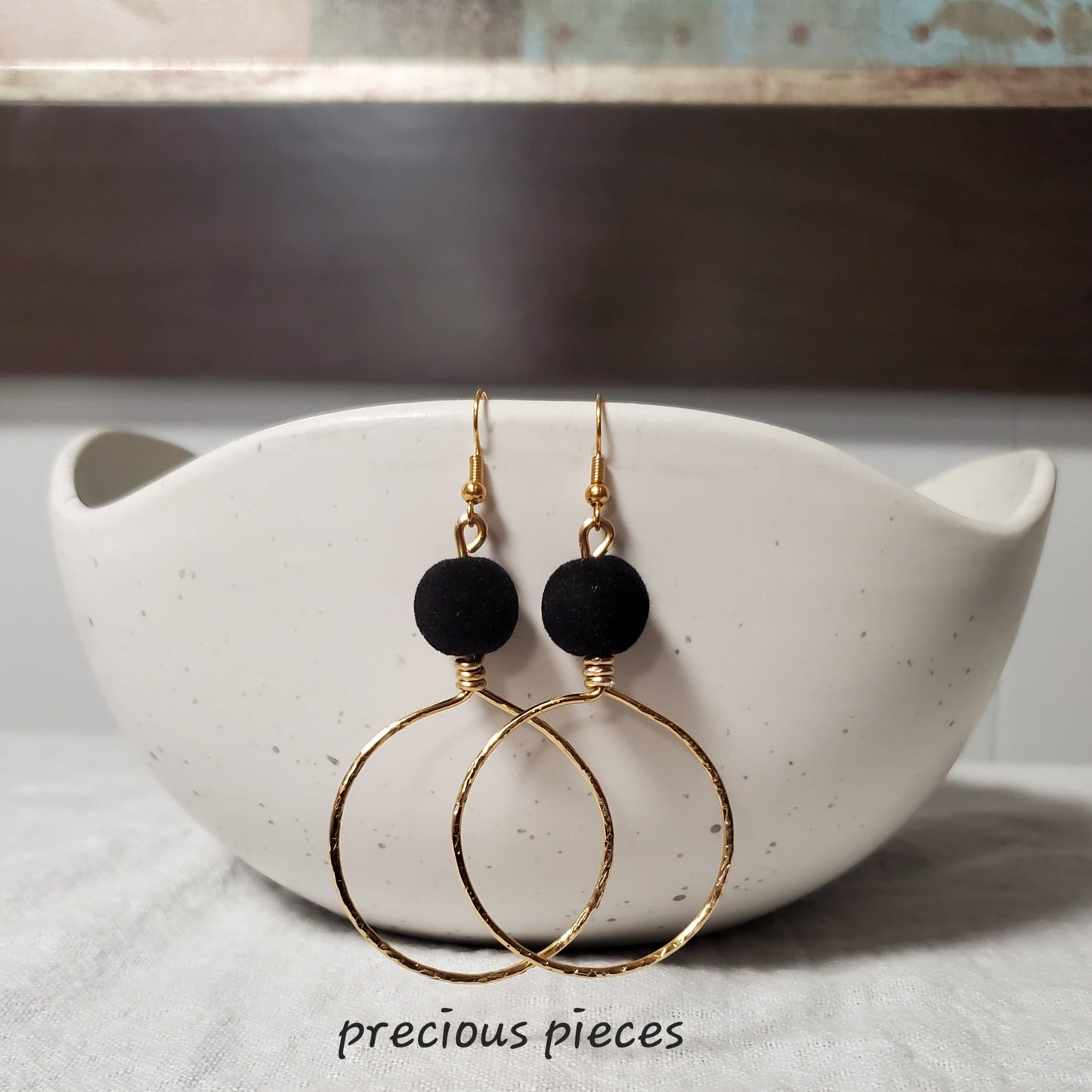 Hammered Hoop Earrings with Velvet Beads