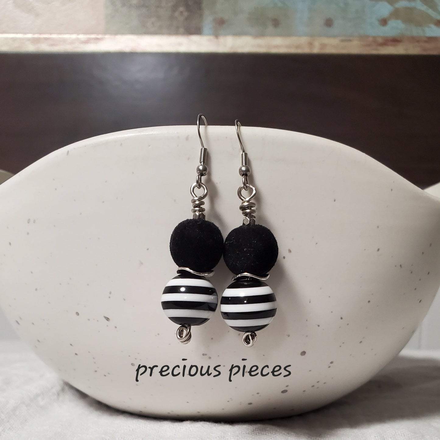 Black Velvet and Stripe Earrings