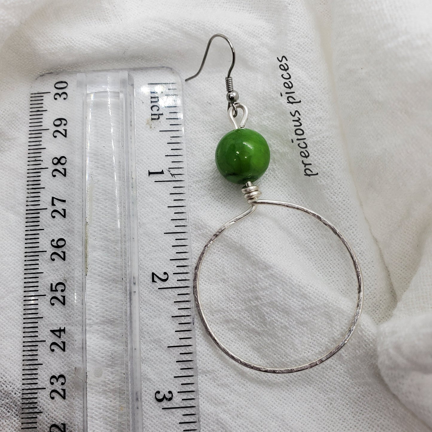 Hammered Hoop Earrings with Green Beads