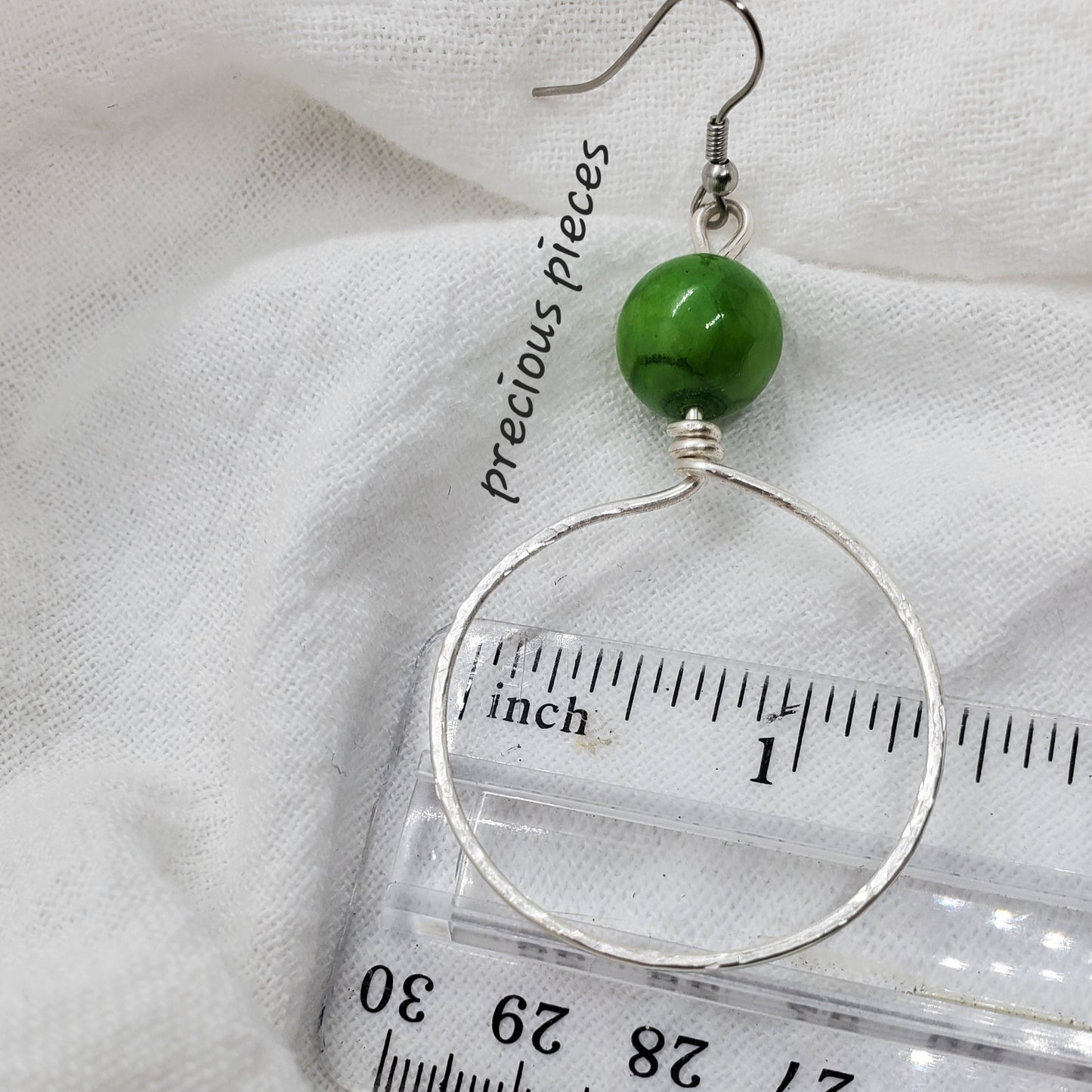 Hammered Hoop Earrings with Green Beads