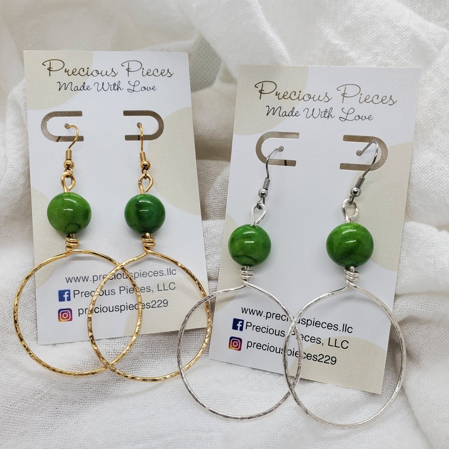 Hammered Hoop Earrings with Green Beads