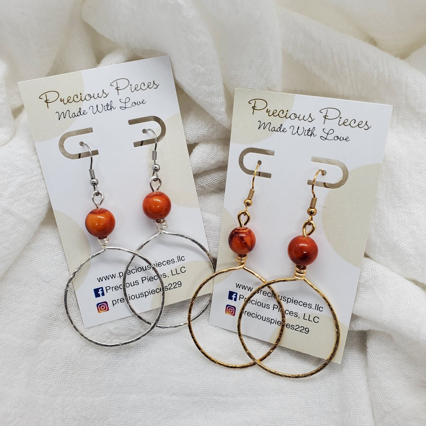 Hammered Hoop Earrings with Orange Beads