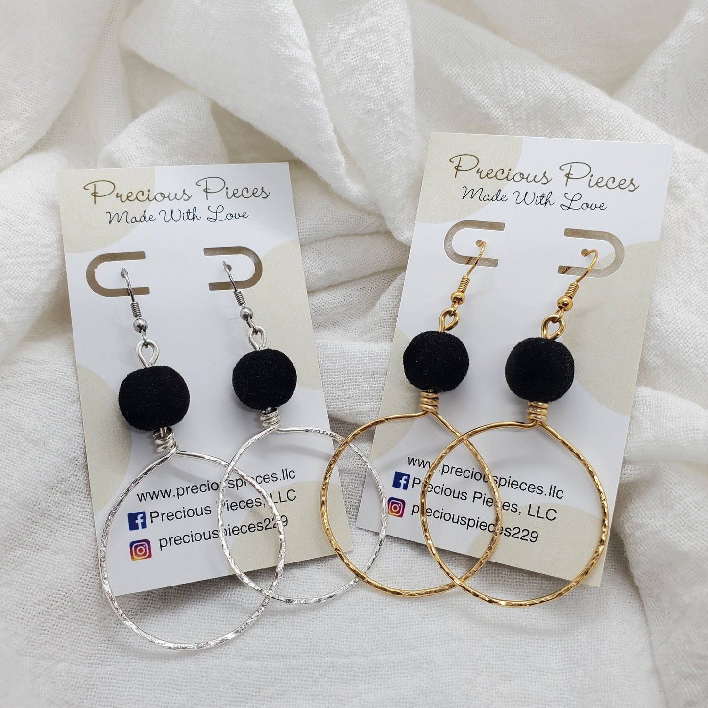 Hammered Hoop Earrings with Velvet Beads