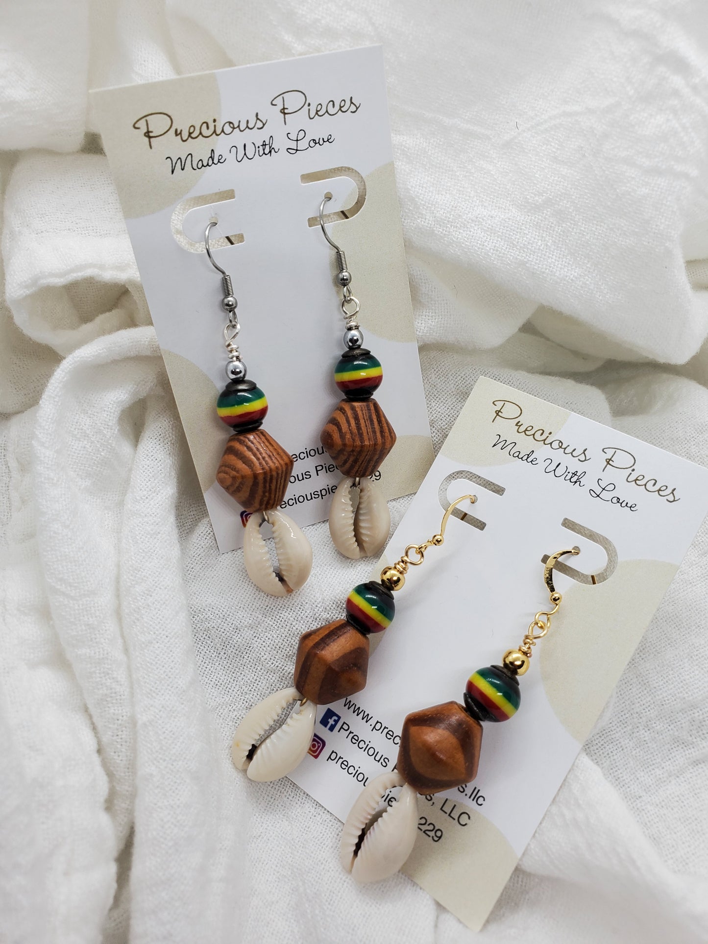 Wood and African Beaded Cowrie Shell Earrings