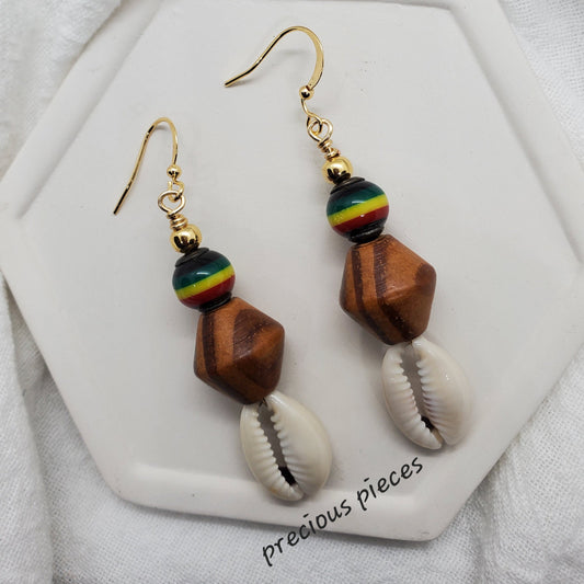 Wood and African Beaded Cowrie Shell Earrings