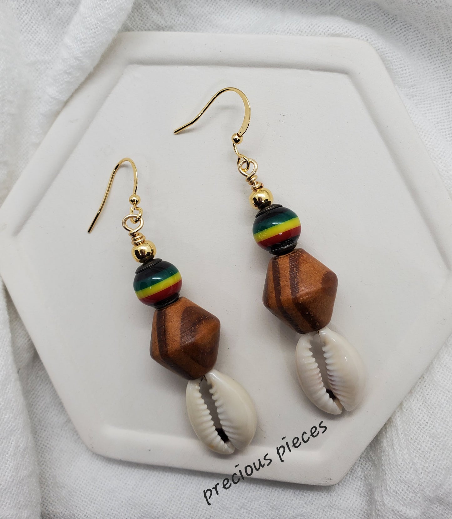 Wood and African Beaded Cowrie Shell Earrings