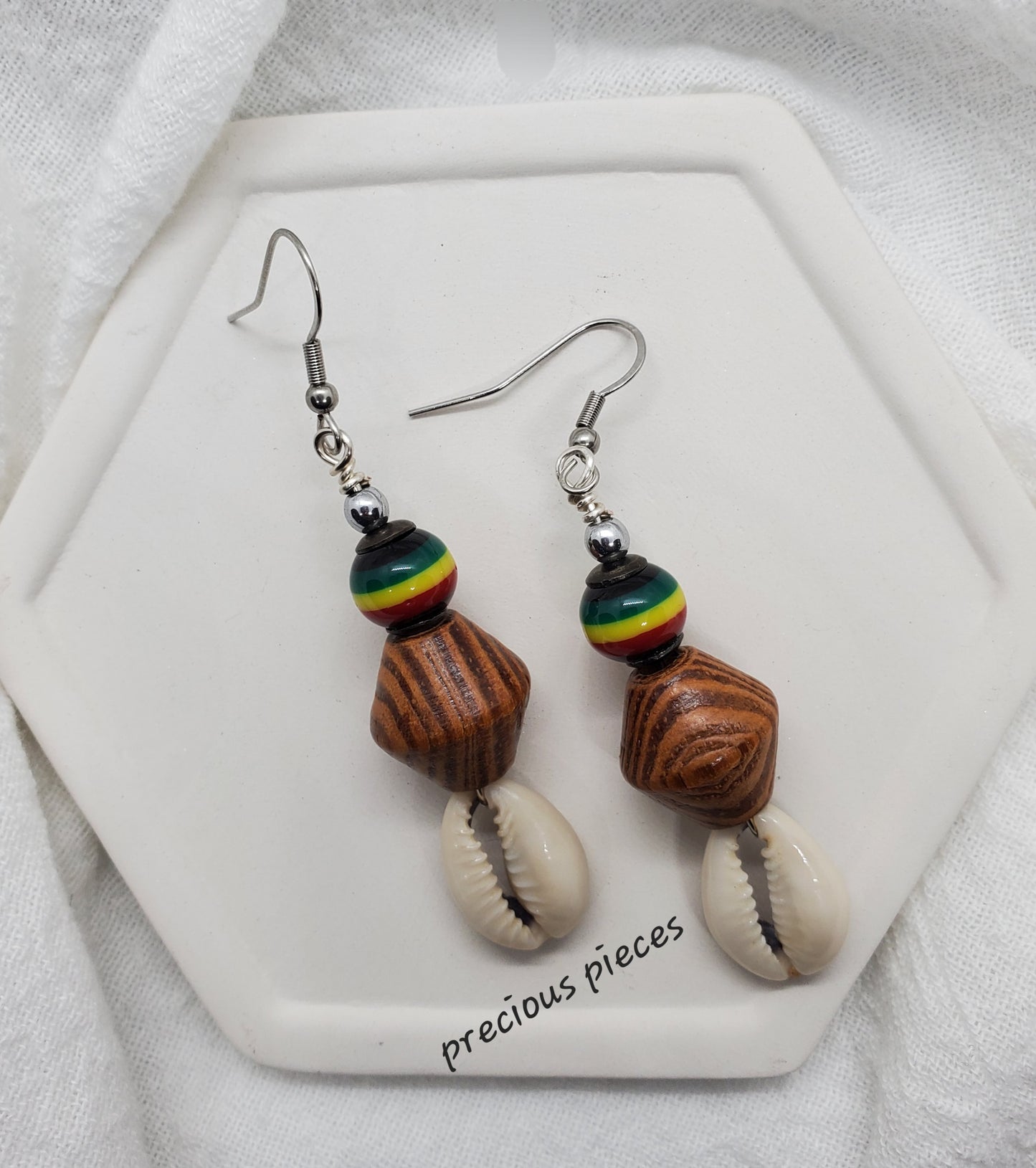 Wood and African Beaded Cowrie Shell Earrings