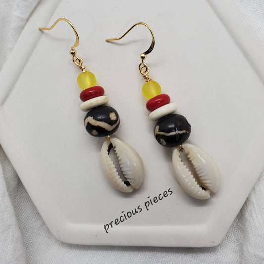 Indian Carved Beaded Cowrie Shell Earrings