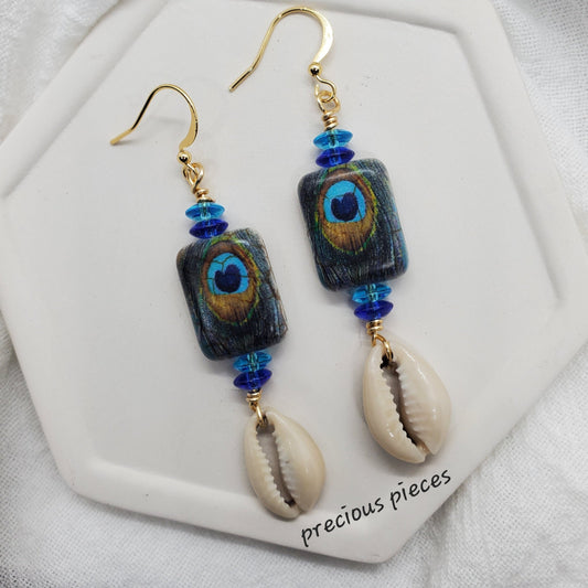 Peacock Feather Cowrie Shell Earrings