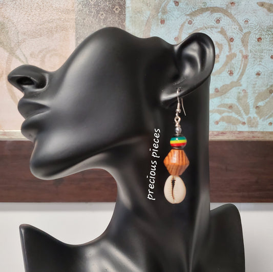 Wood and African Beaded Cowrie Shell Earrings