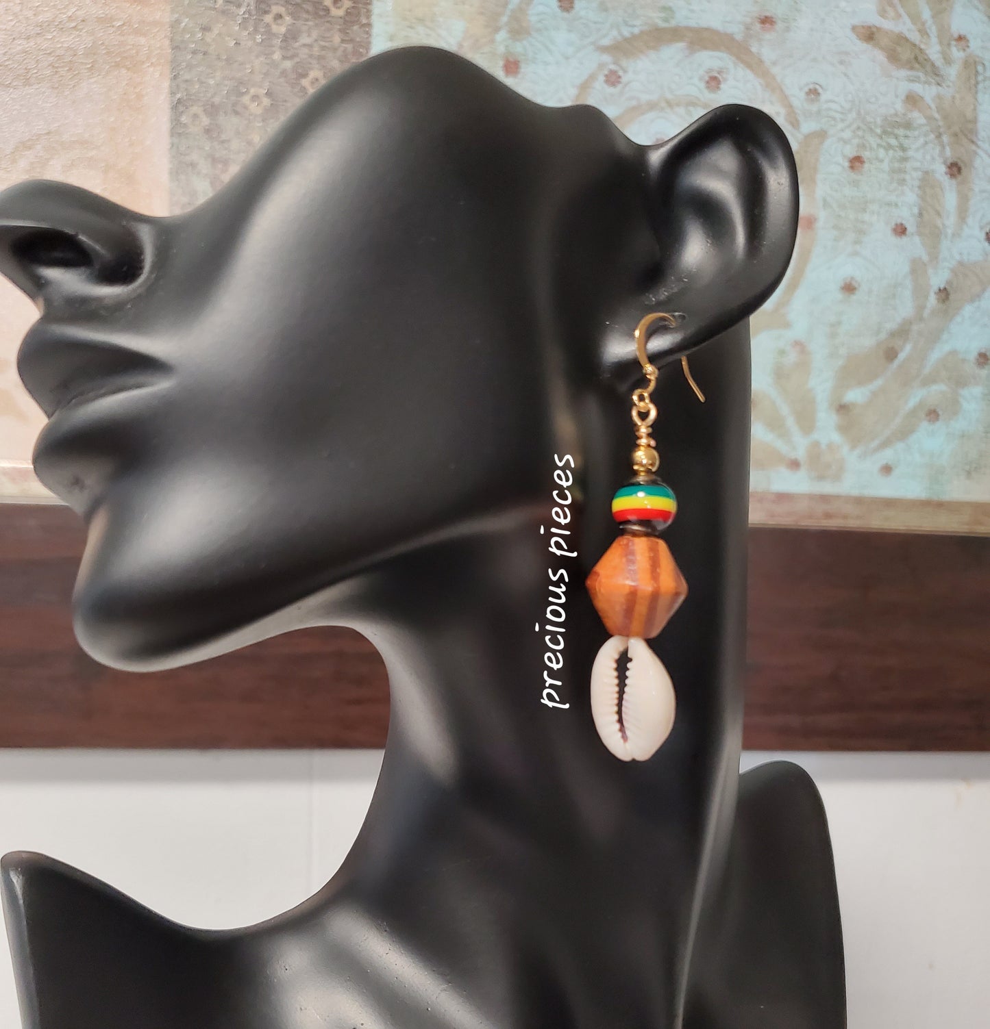 Wood and African Beaded Cowrie Shell Earrings