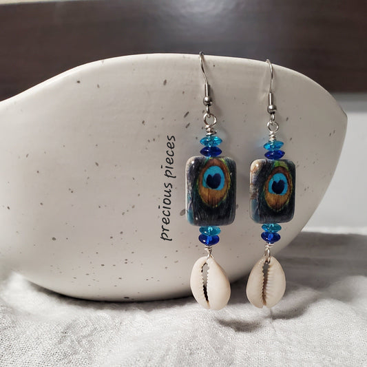 Peacock Feather Cowrie Shell Earrings