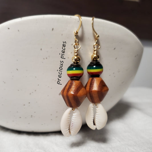 Wood and African Beaded Cowrie Shell Earrings