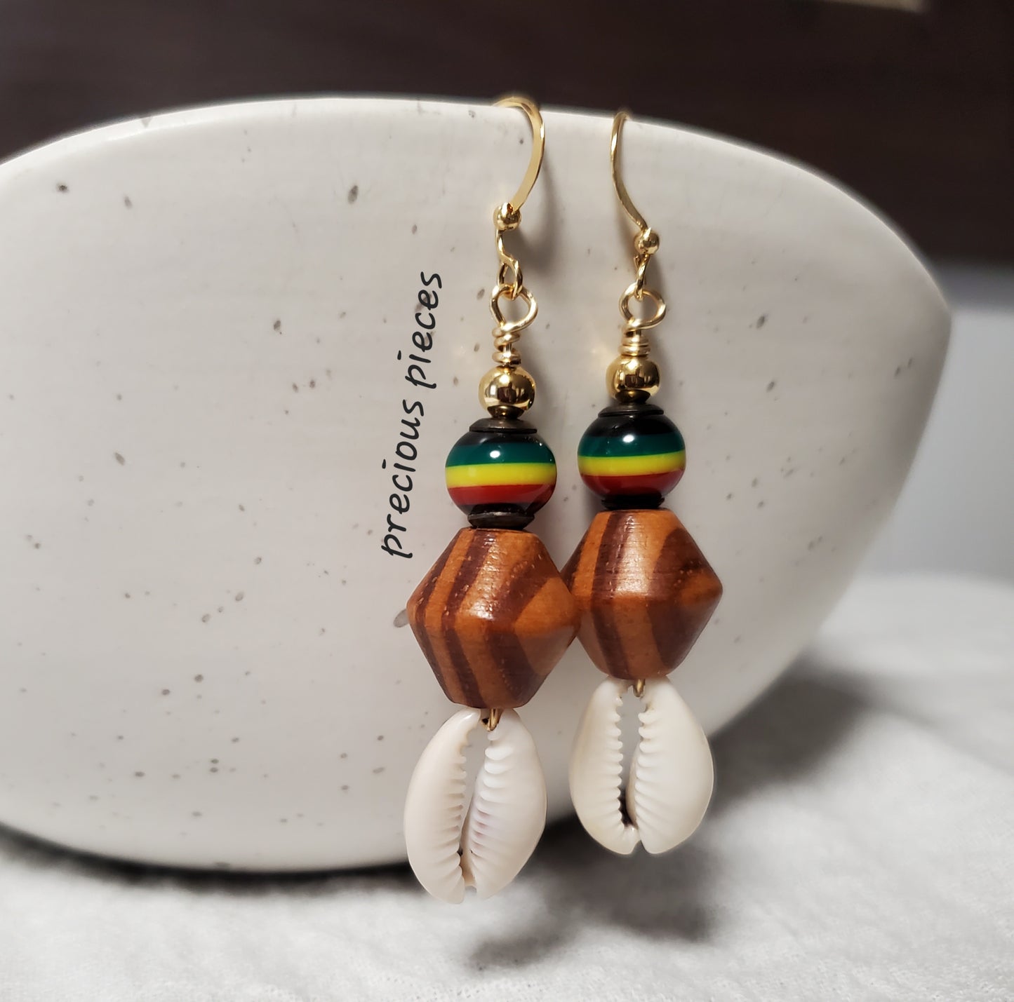 Wood and African Beaded Cowrie Shell Earrings