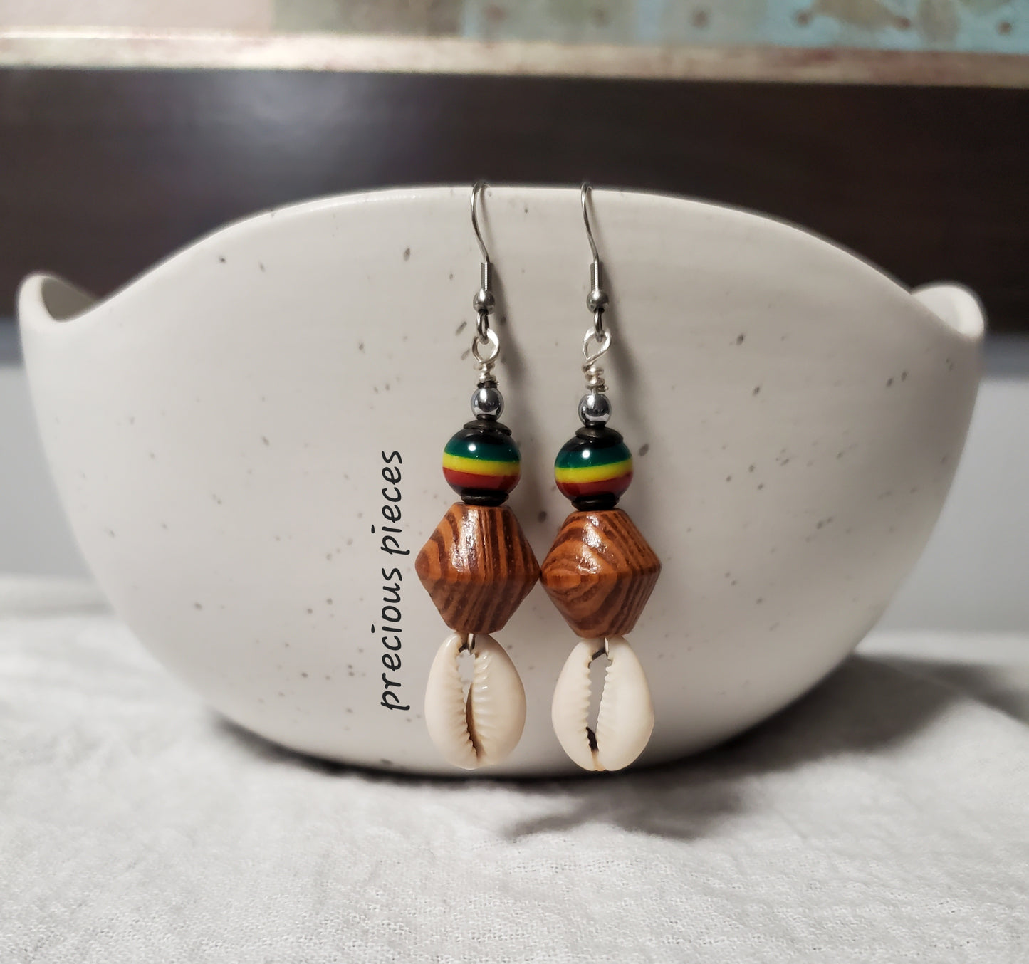 Wood and African Beaded Cowrie Shell Earrings