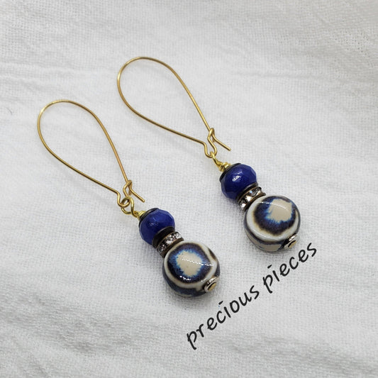 Ceramic Blue and Cream Coin Dangle Earrings