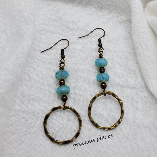 Turquoise and Bronze Dangle Hoop Earrings