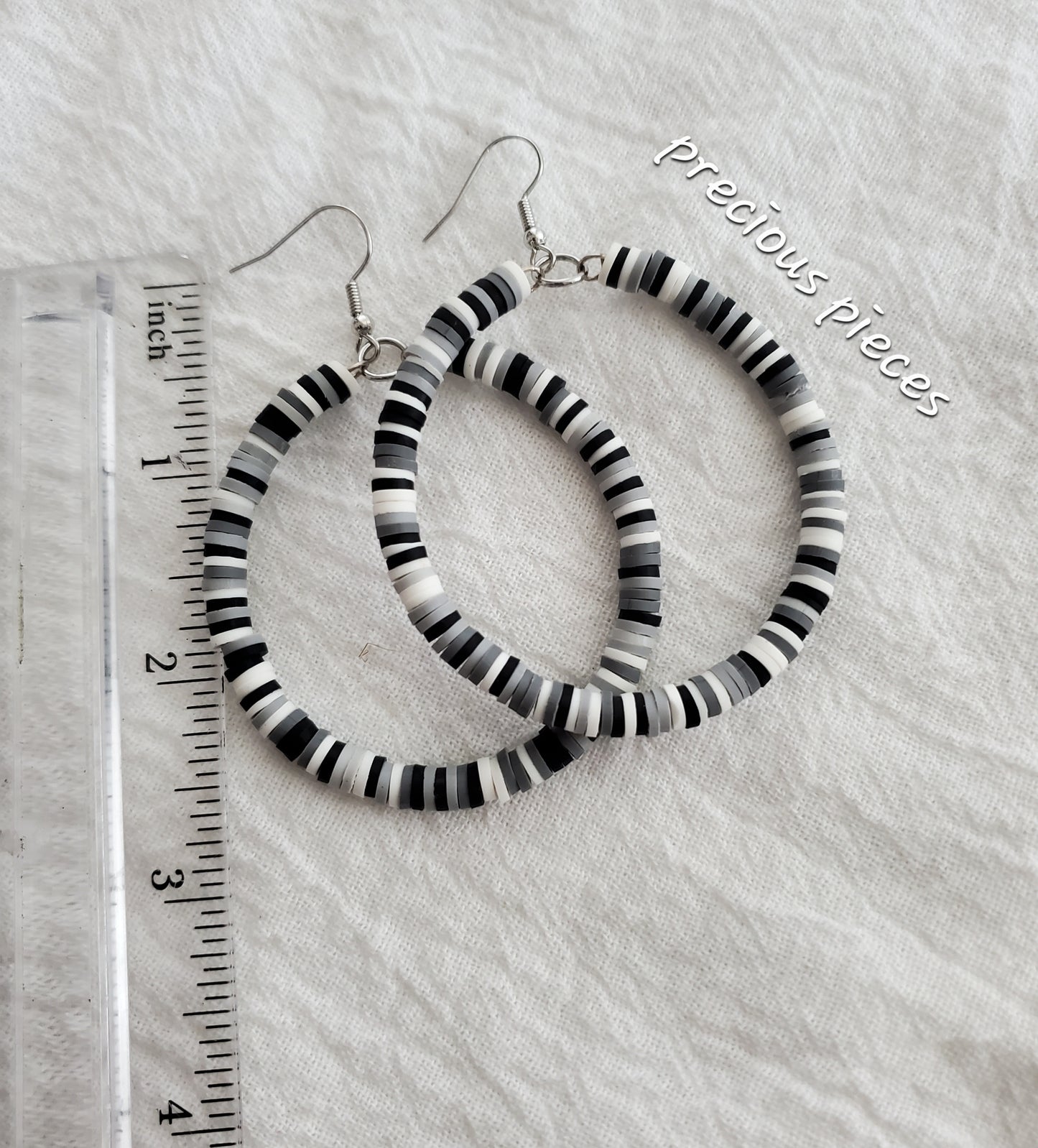 Black, Gray and White Heishi Disc Hoop Earrings