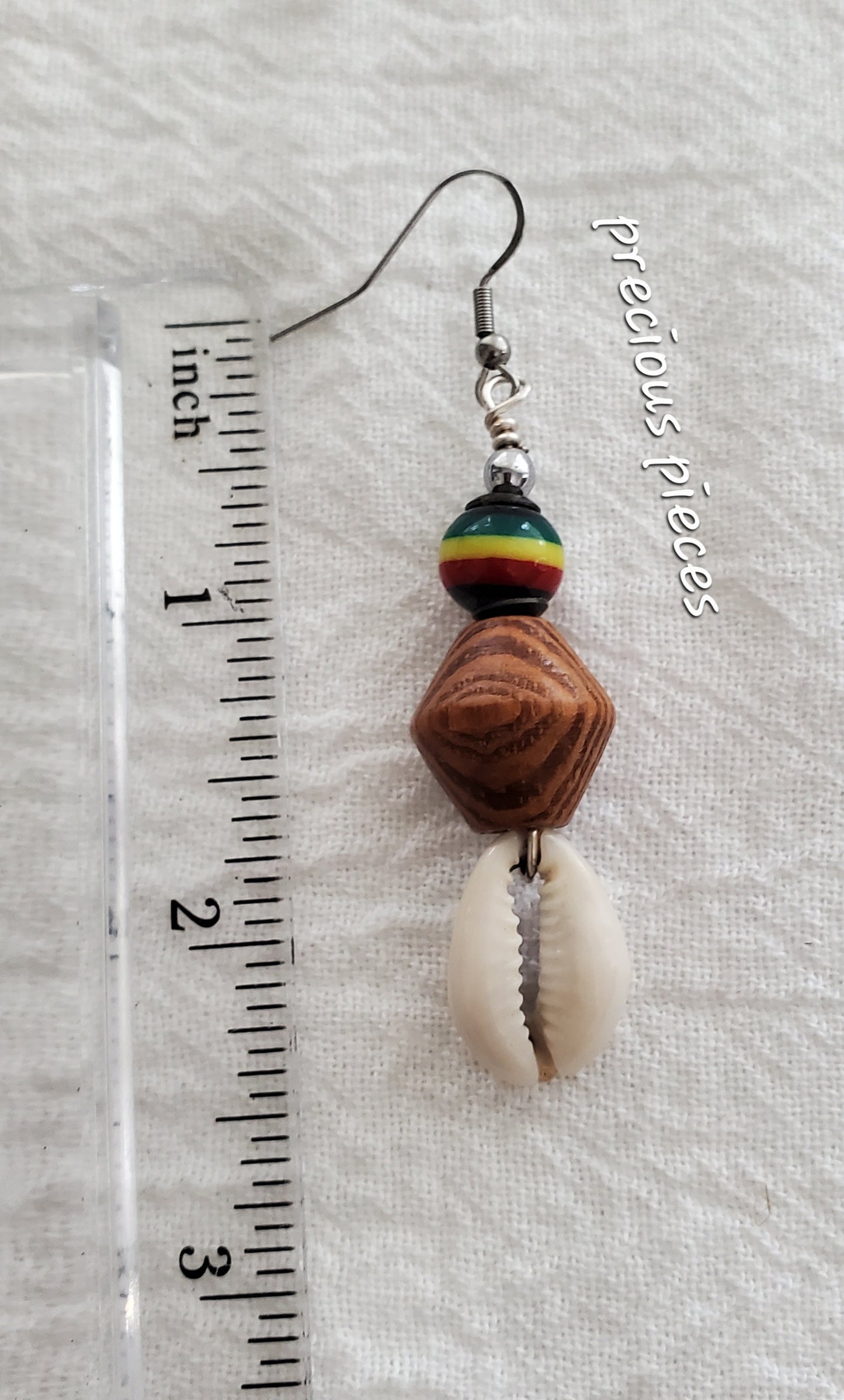 Wood and African Beaded Cowrie Shell Earrings