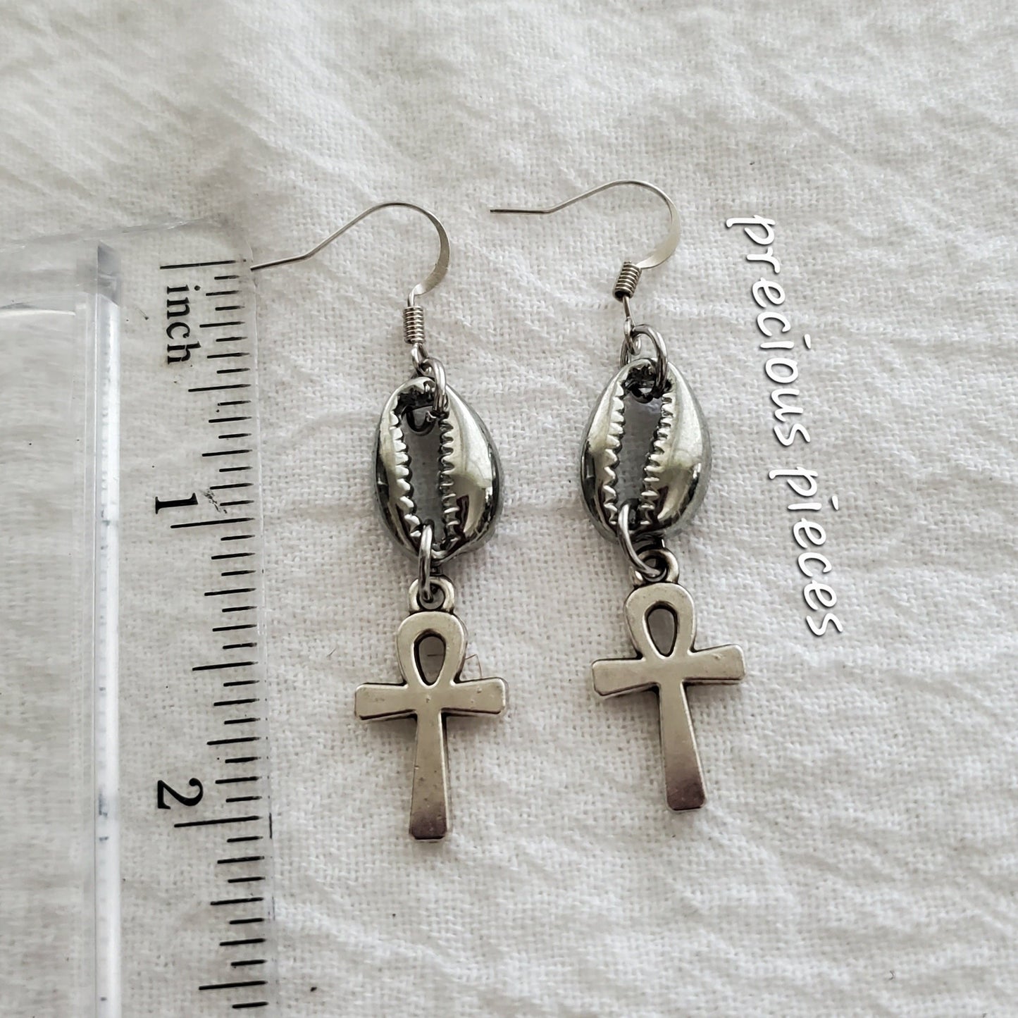 Silver Cowrie Shell and Ankh Earrings