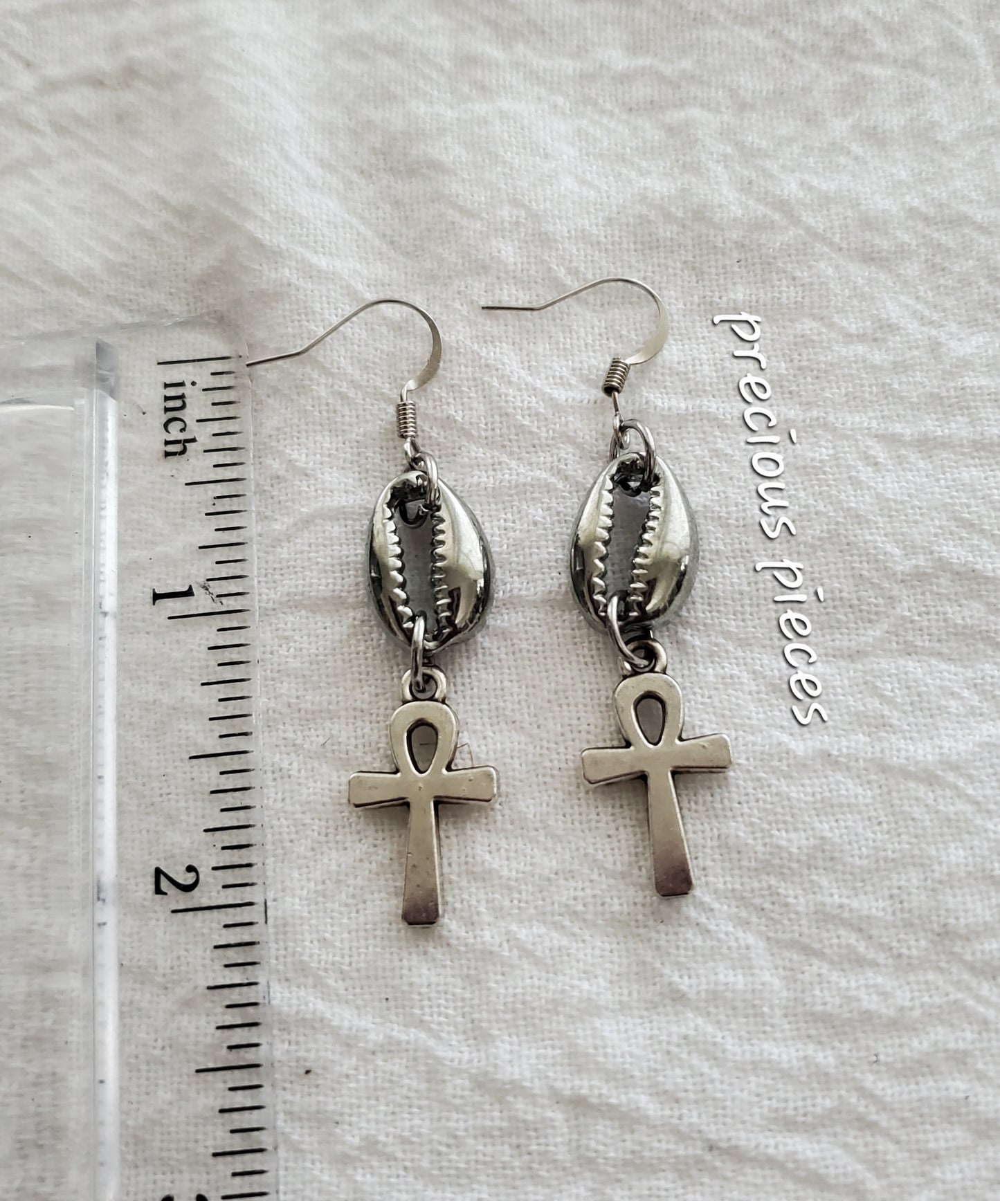 Silver Cowrie Shell and Ankh Earrings